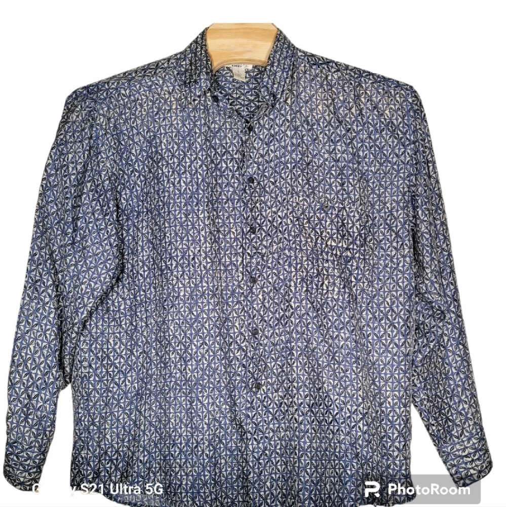 Chiamare Silk Men's Long Sleeve Button Up Shirt Blue Patterned Size L